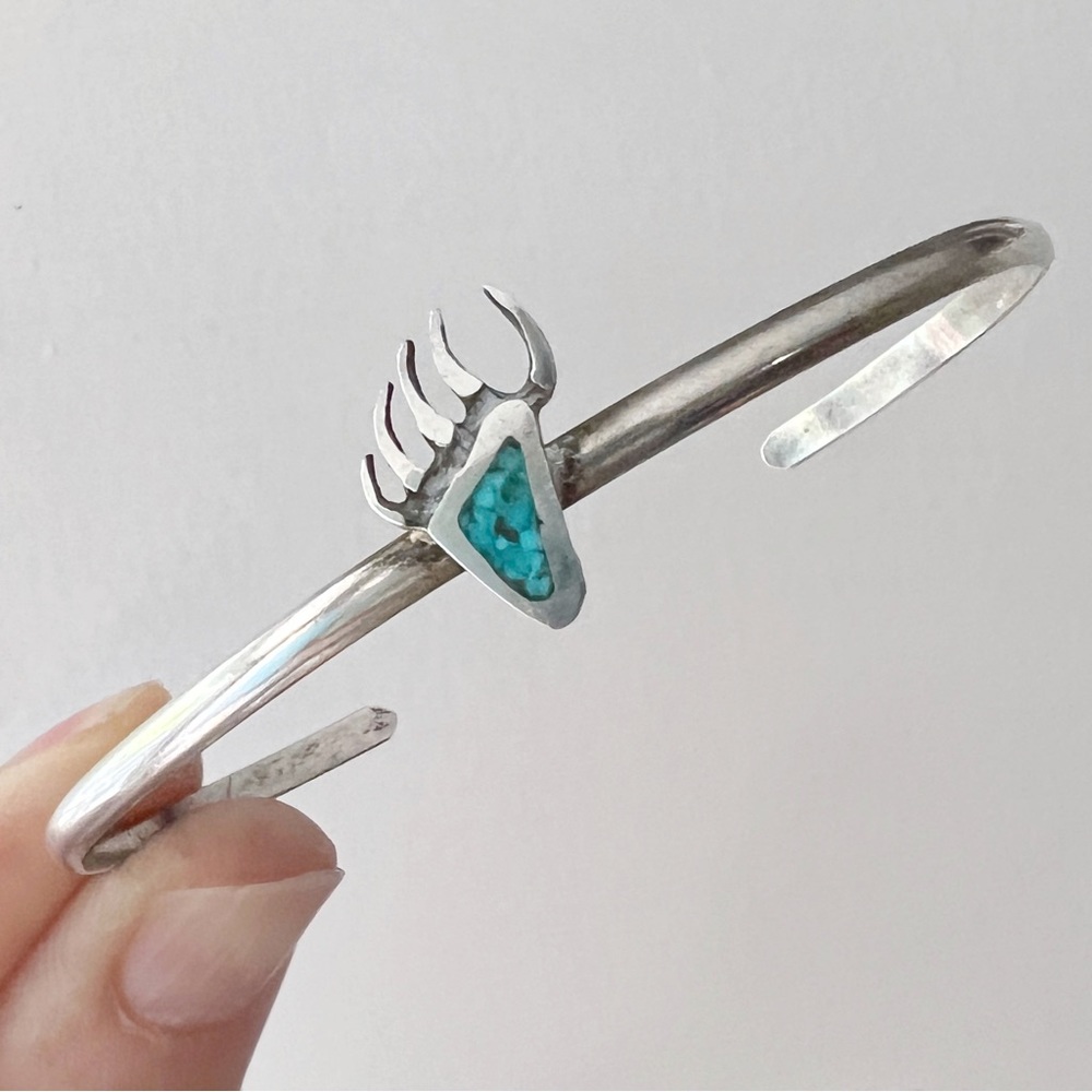 1970s VINTAGE Bear Claw Crushed Turquoise Sterling Silver Stacker Cuff NOS - Picture 2 of 8